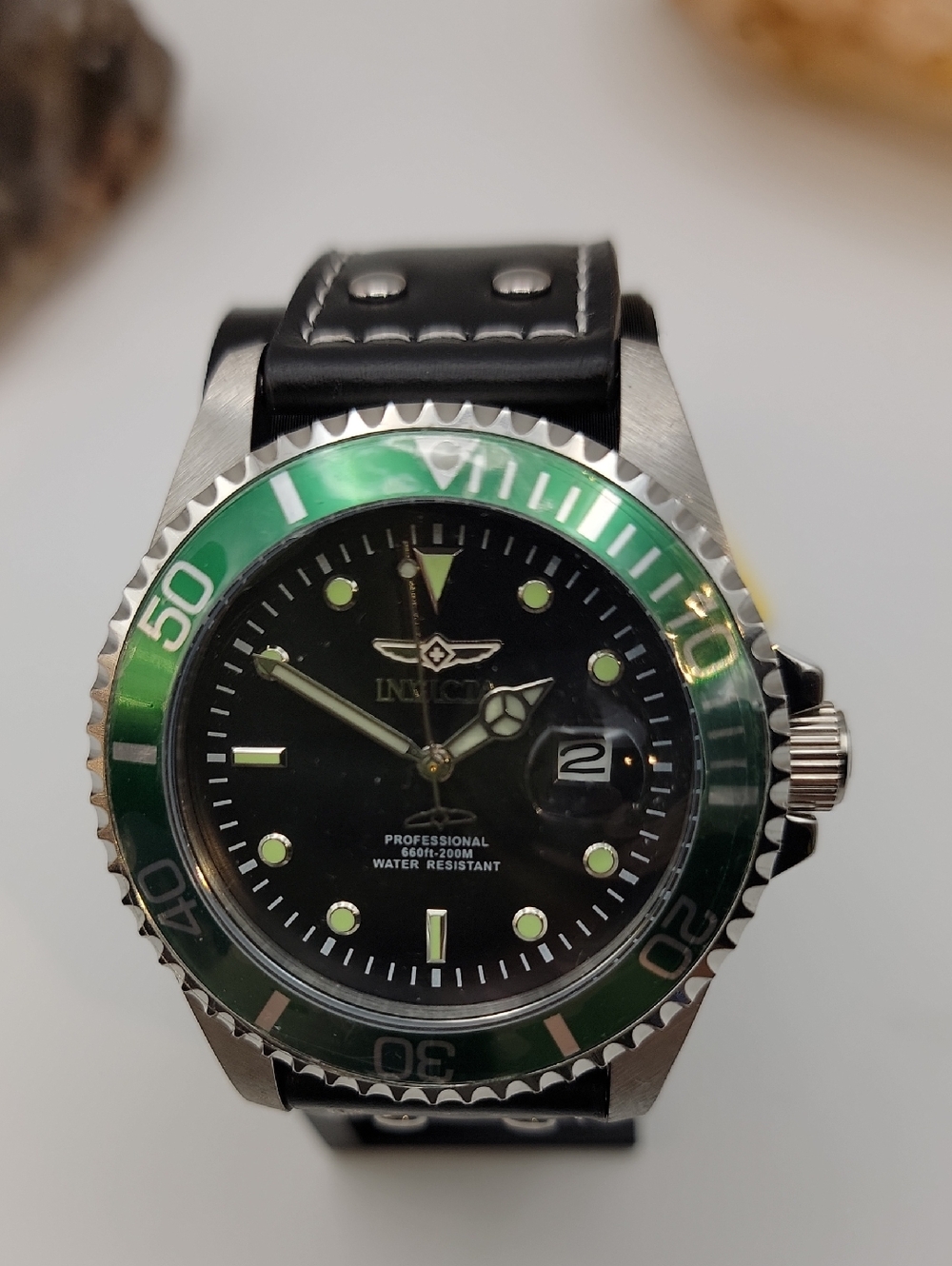 NWT Invicta Pro Diver Men's Watch - 43mm. Black Green 22072 Leather Strap - Picture 2 of 13